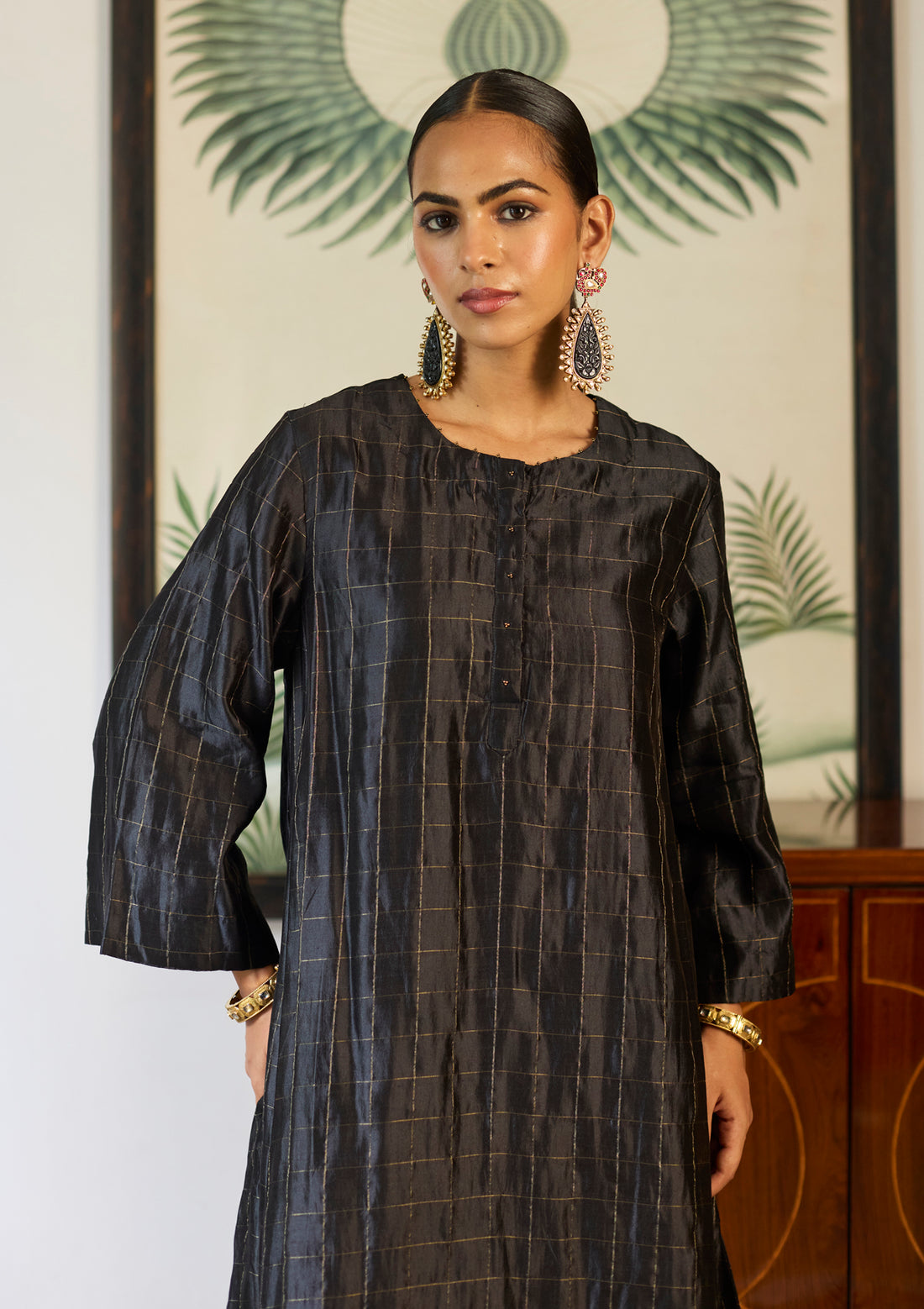 Midnight Black Zari Checkered Kurta Set