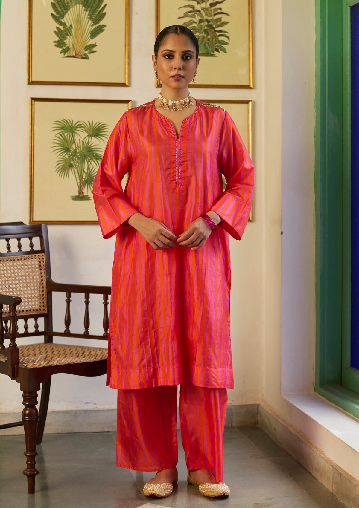 Saffron and Fuchsia Striped Kurta Set
