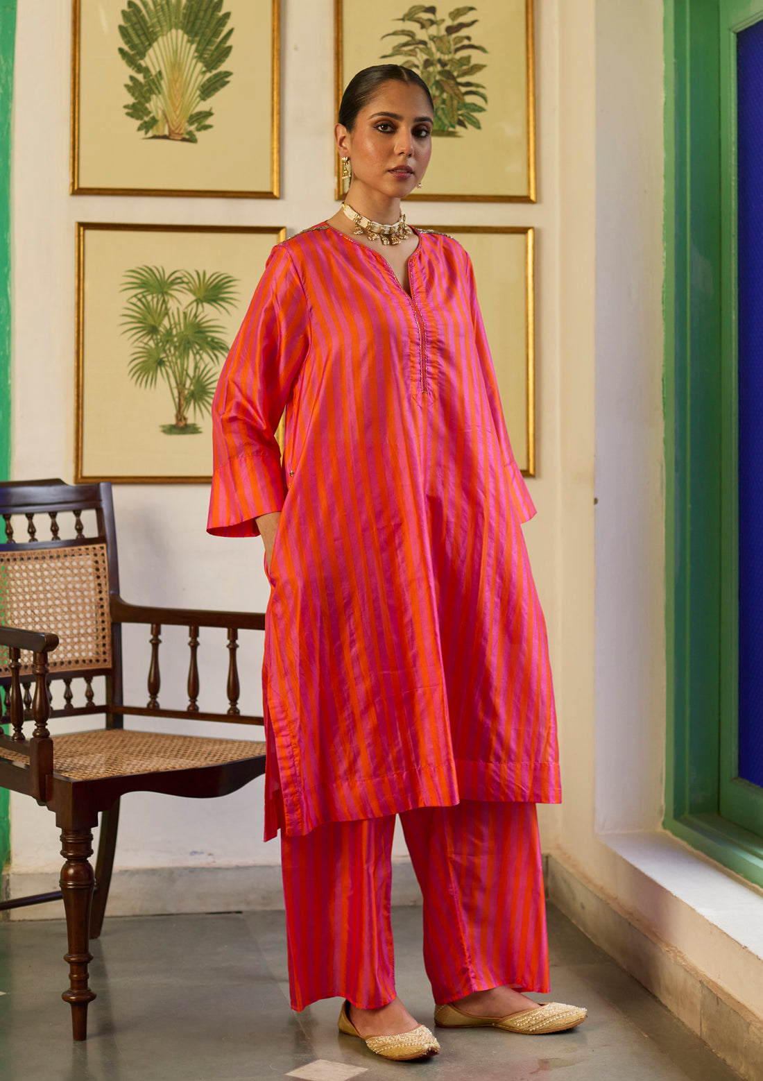 Saffron and Fuchsia Striped Kurta Set