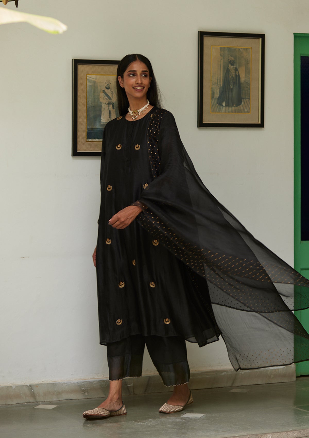 Black Chaand Buta Embroidered Kurta Set
