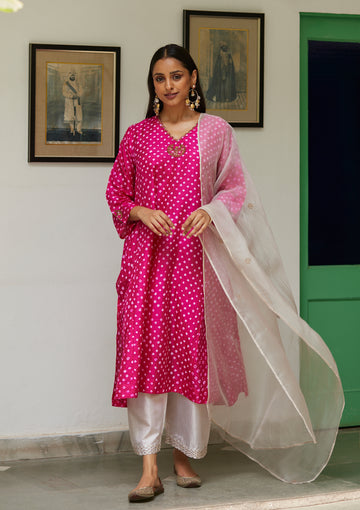 Fuchsia Bandhani Kurta Set