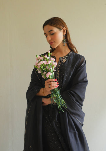 Midnight Black Floral Mukaish Kurta Set
