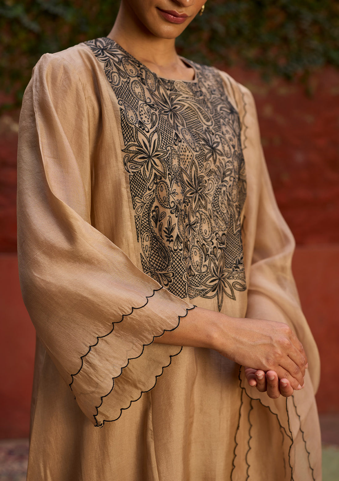 Beige Thread Embroidered Kurta Set