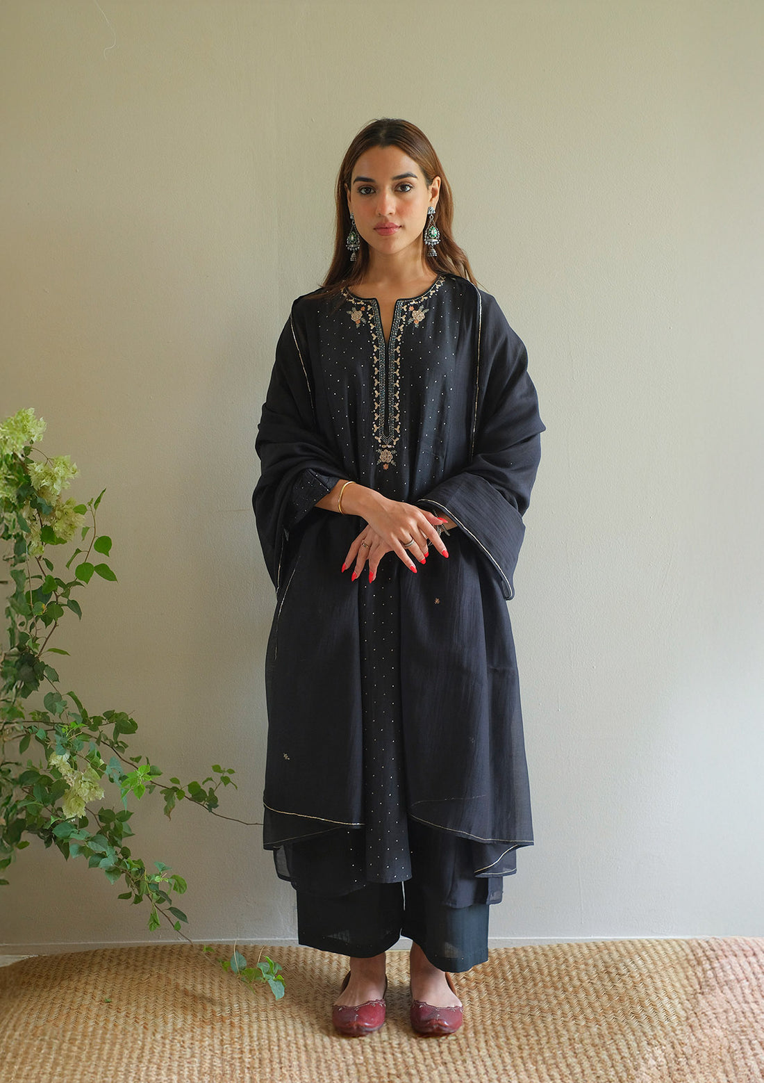 Midnight Black Floral Mukaish Kurta Set