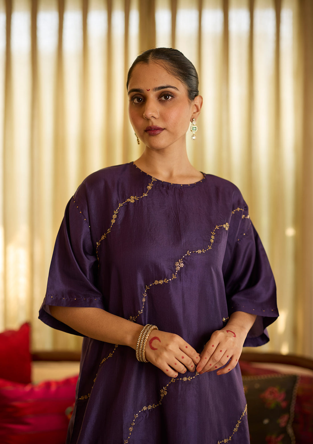 Violet Silk Embroidered Kurta Set