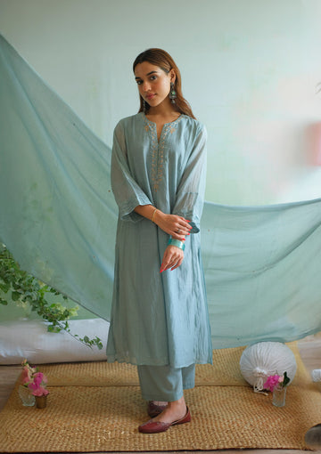 Powder Blue Floral Mukaish Kurta Set