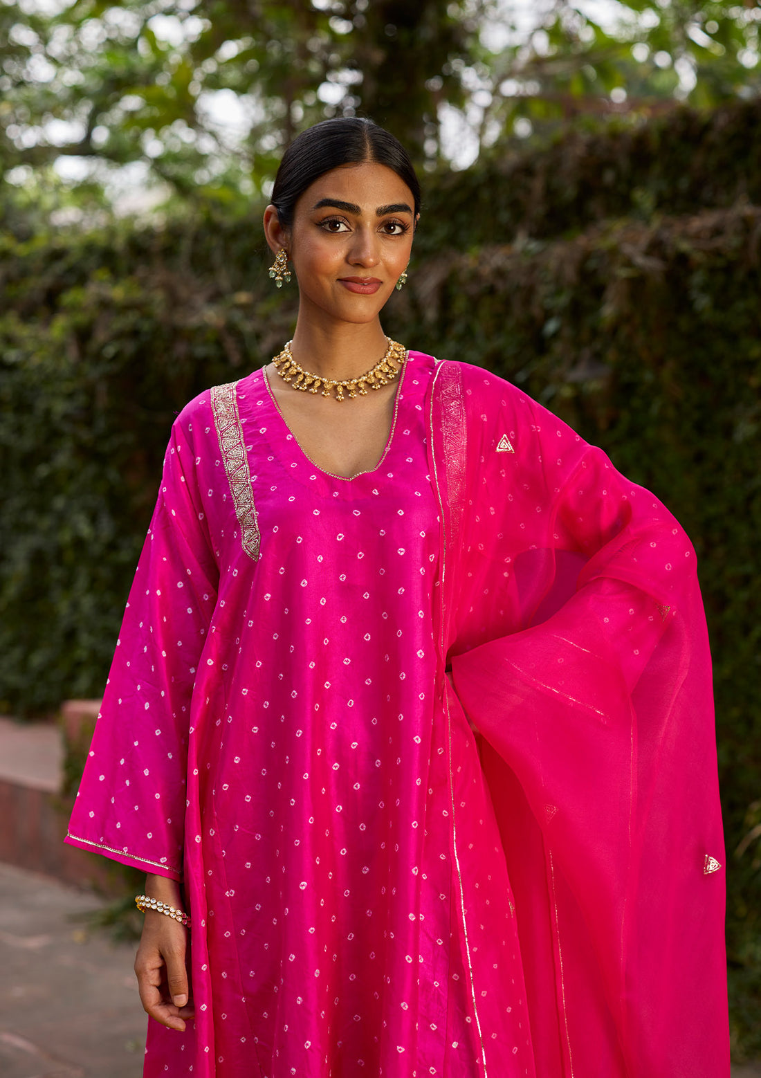 Fuchsia Bandhani Embroidered Kurta Set