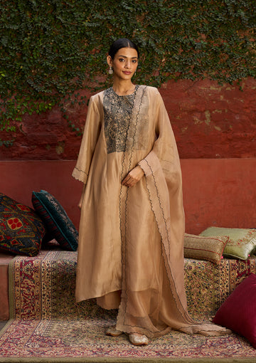 Beige Thread Embroidered Kurta Set