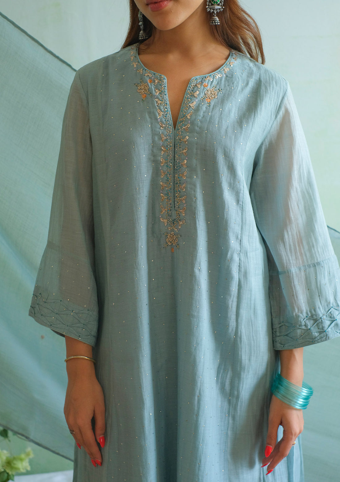 Powder Blue Floral Mukaish Kurta Set
