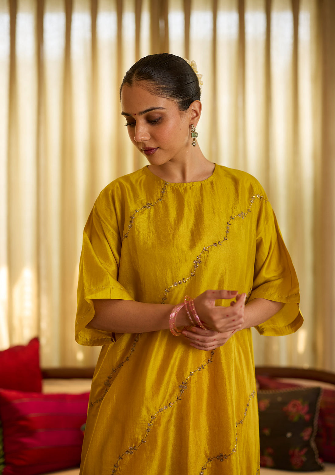Lime Silk Embroidered Kurta Set