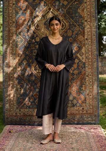 Midnight Black Panelled Silk Kurta Set
