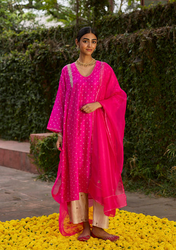 Fuchsia Bandhani Embroidered Kurta Set