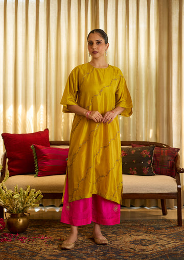 Lime Silk Embroidered Kurta Set