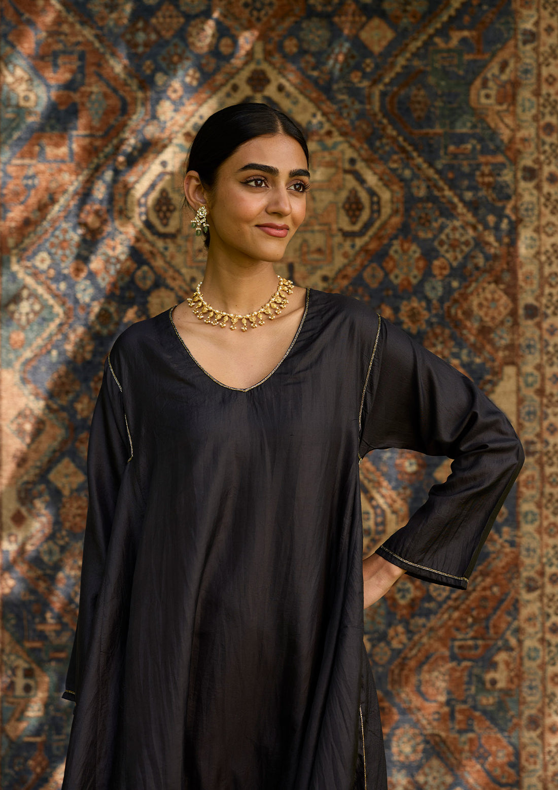 Midnight Black Panelled Silk Kurta Set