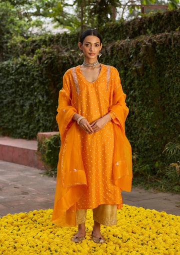 Saffron Bandhani Embroidered Kurta Set