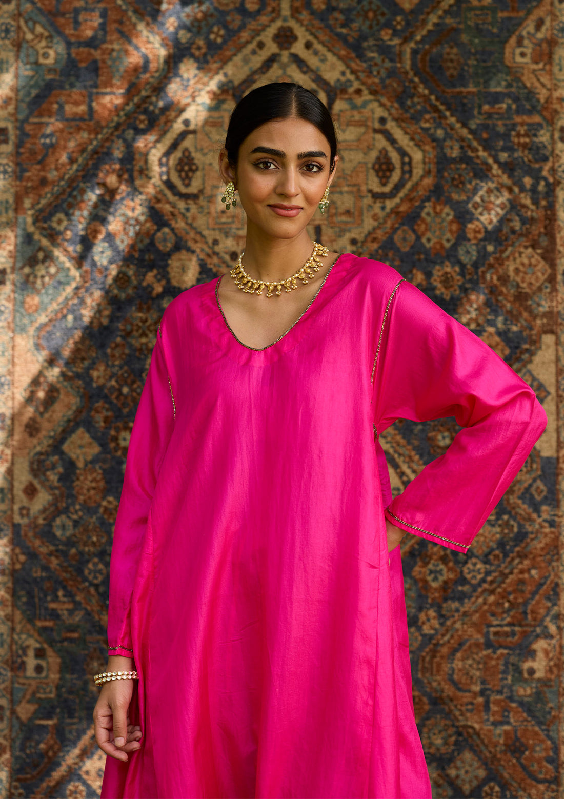 Fuchsia Panelled Silk Kurta Set
