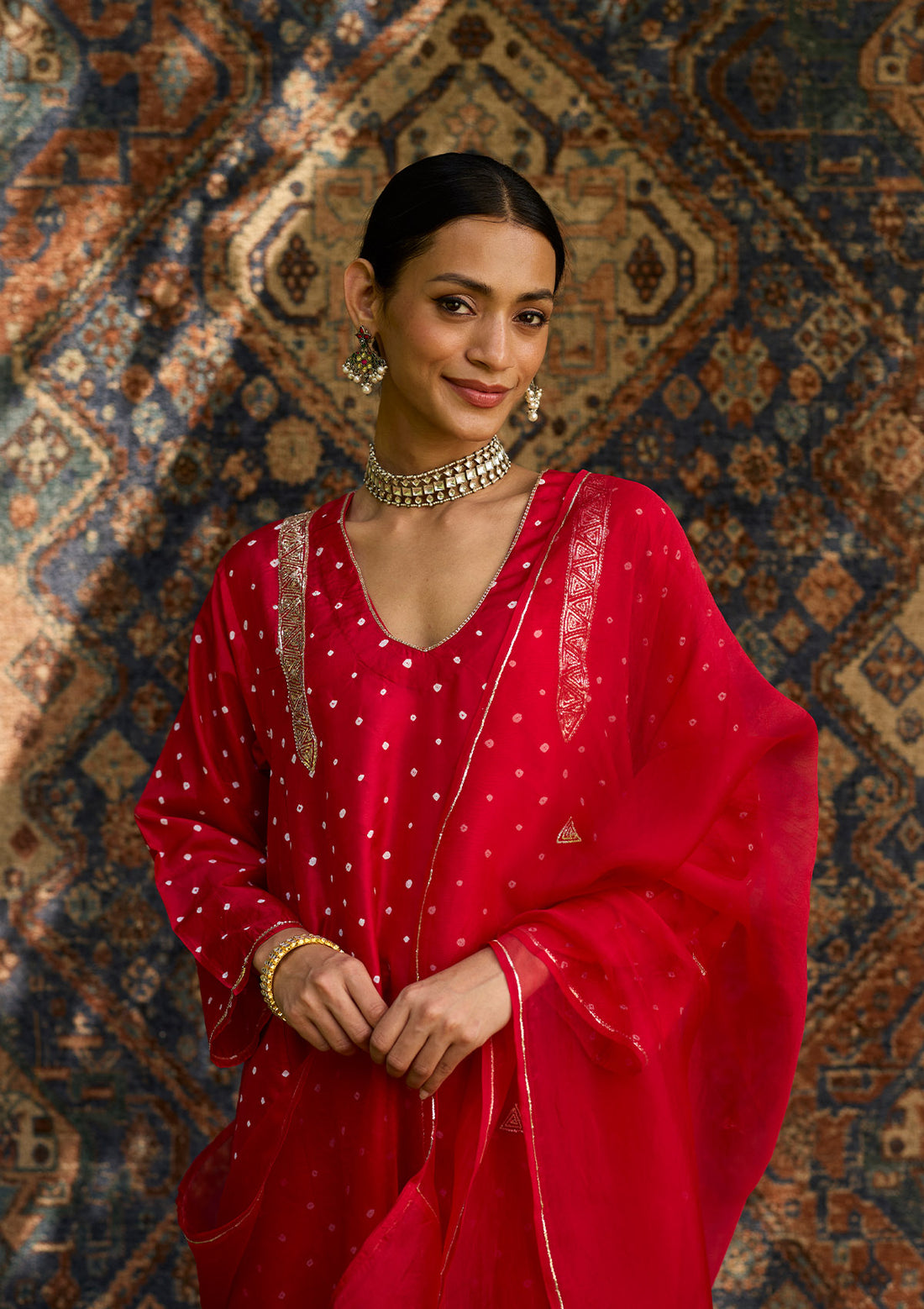 Scarlet Bandhani Embroidered Kurta Set