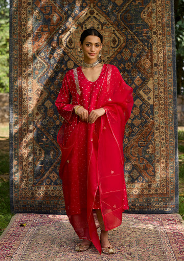 Scarlet Bandhani Embroidered Kurta Set