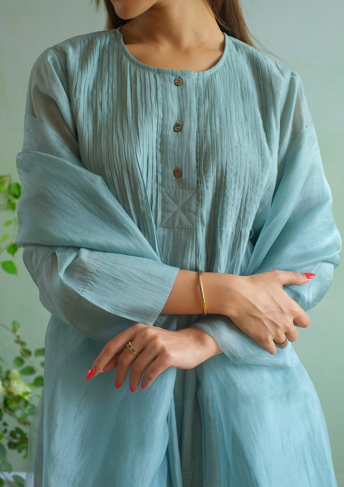 Powder Blue Pintuck Mukaish Kurta Set