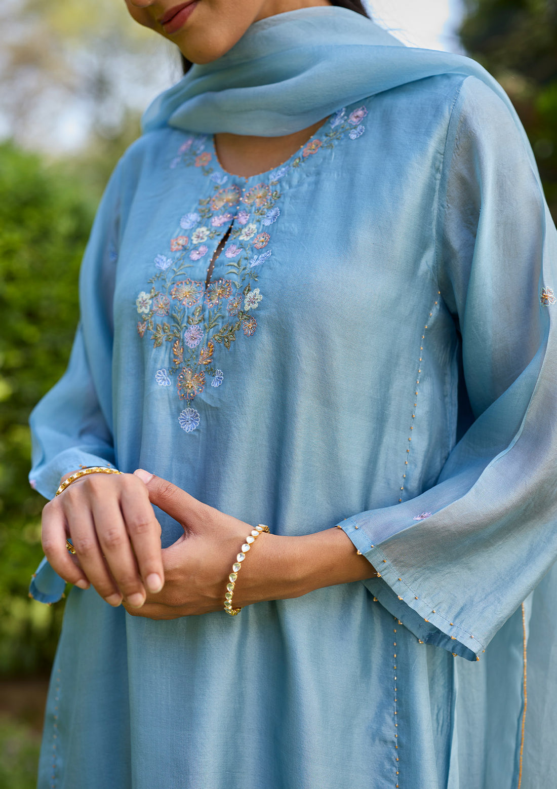 Powder Blue Floral Embroidered Kurta Set