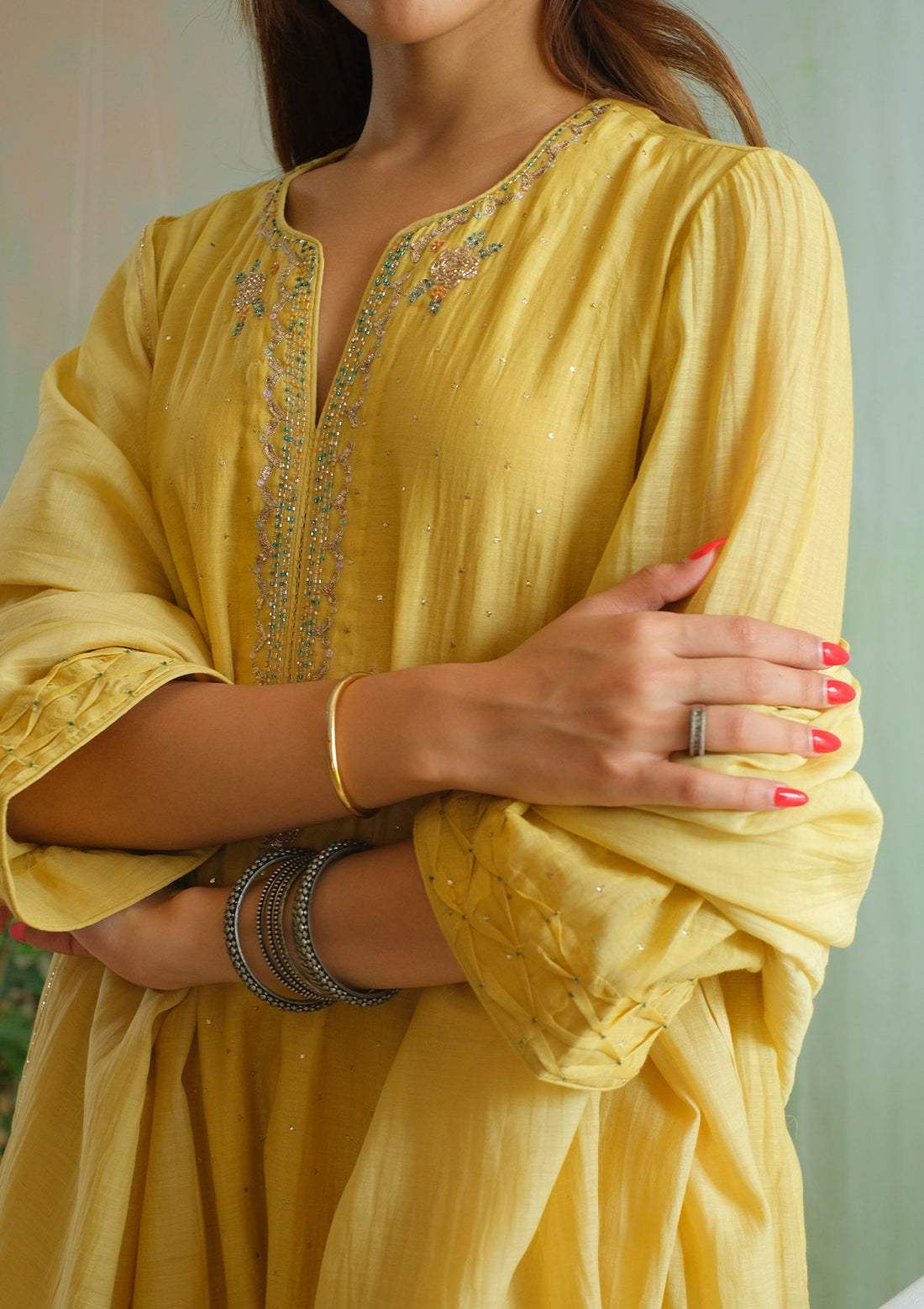 Canary Yellow Floral Mukaish Kurta Set
