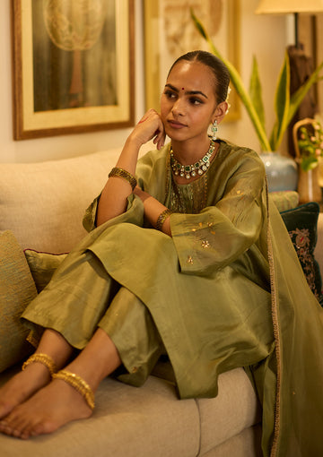 Sage Yoke Embroidered  Kurta Set