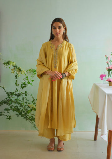 Canary Yellow Floral Mukaish Kurta Set
