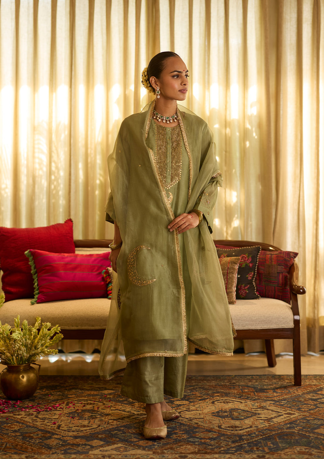 Sage Yoke Embroidered  Kurta Set