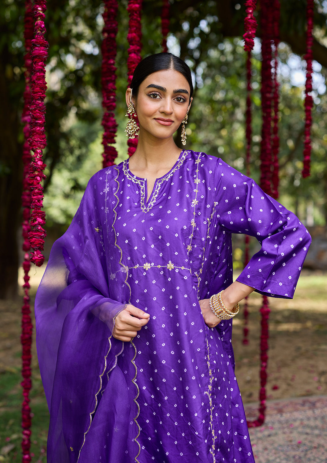 Violet Bandhani Embroidered Kurta Set