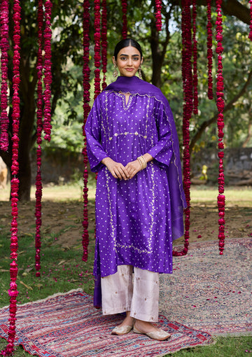 Violet Bandhani Embroidered Kurta Set
