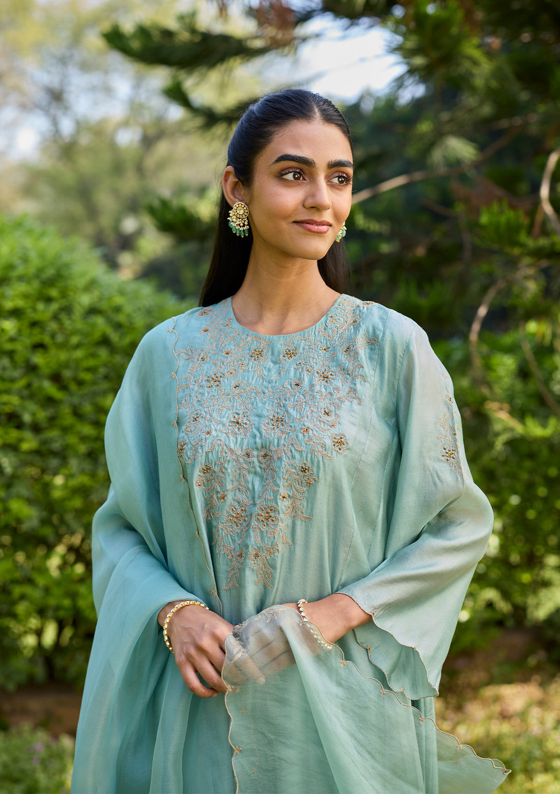 Teal Blue Floral Embroidered Kurta Set