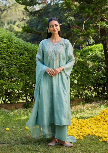 Teal Blue Floral Embroidered Kurta Set