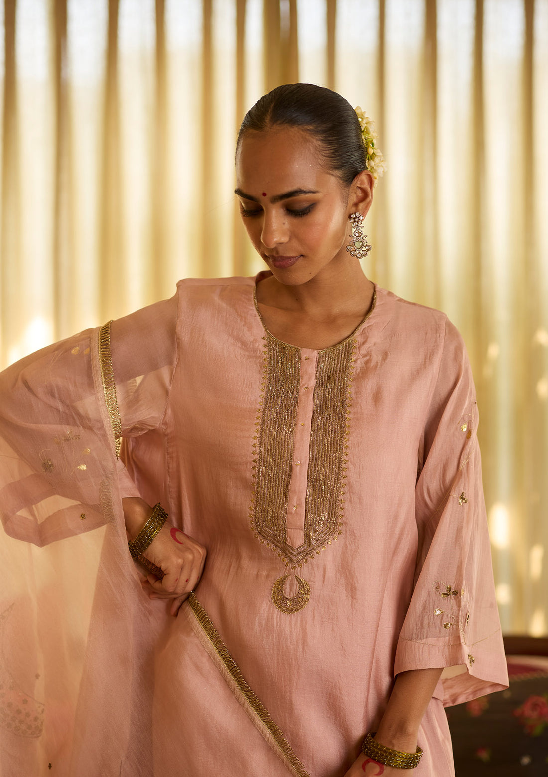 Rose Yoke Embroidered  Kurta Set