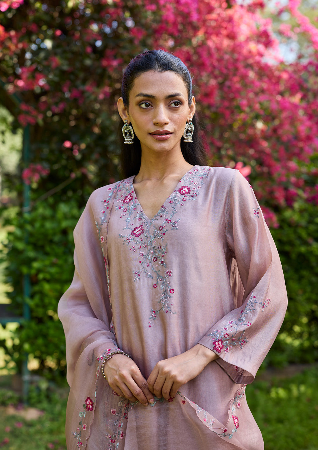 Lilac Floral Embroidered Kurta Set