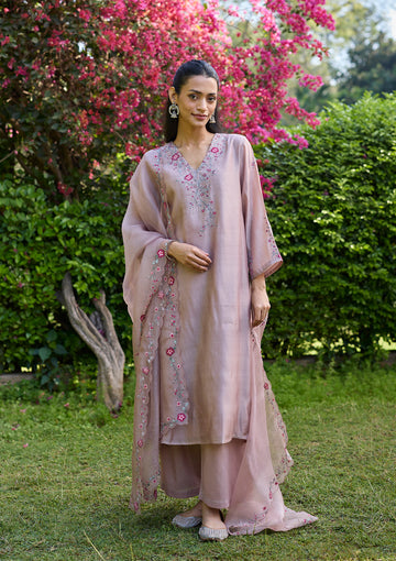Lilac Floral Embroidered Kurta Set