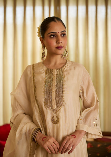 Ivory Yoke Embroidered  Kurta Set
