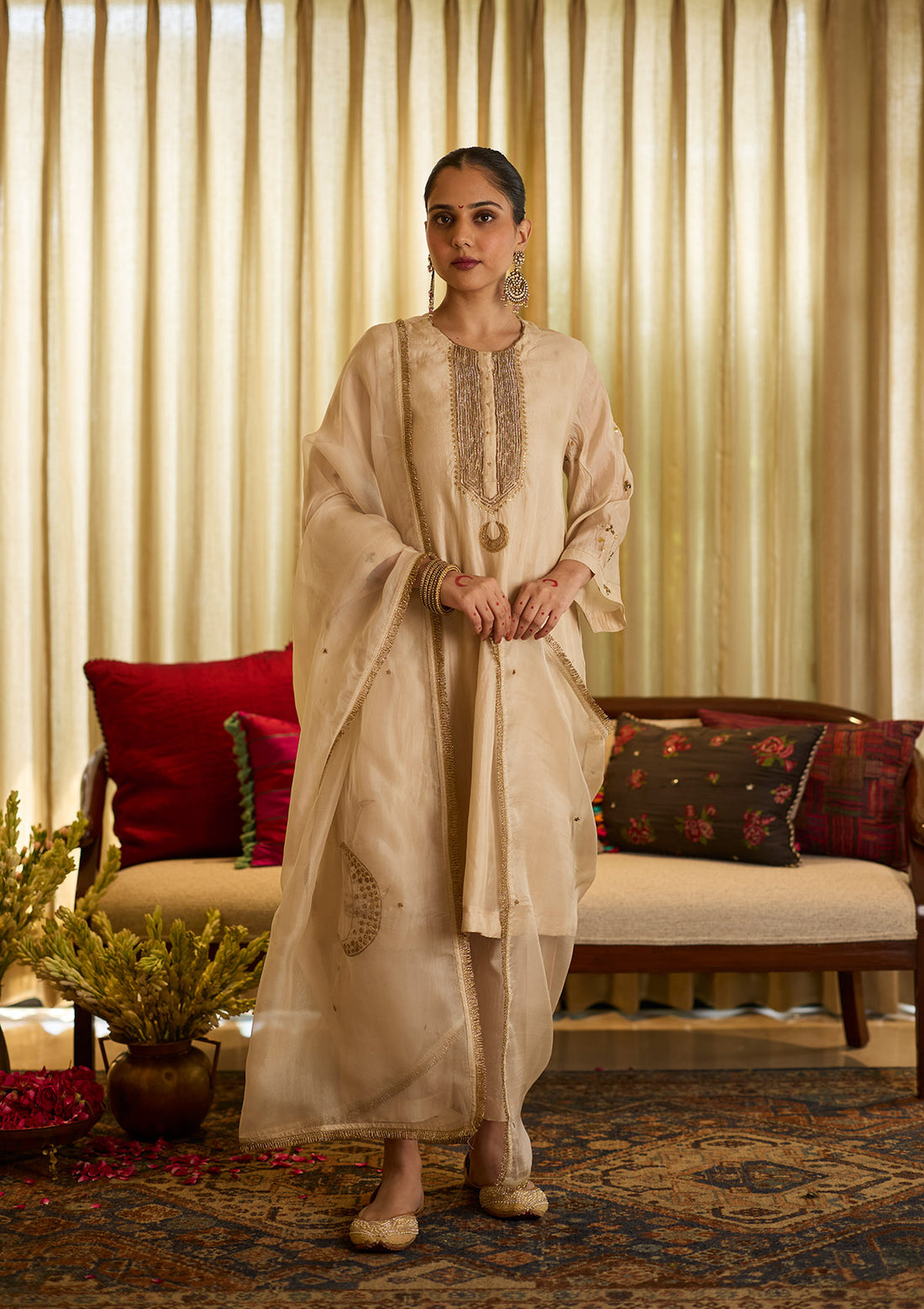 Ivory Yoke Embroidered  Kurta Set