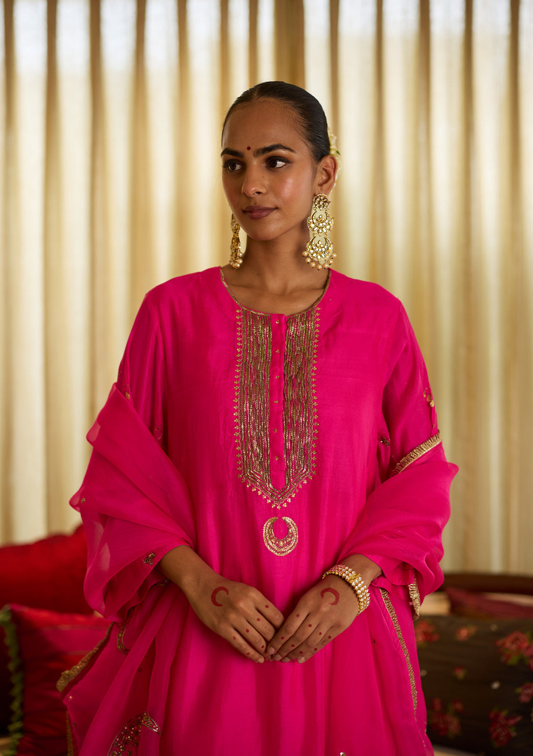 Fuchsia Yoke Embroidered  Kurta Set