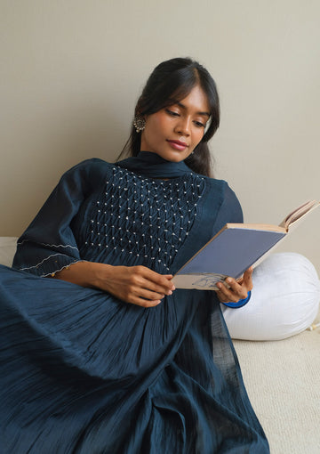 Midnight Blue Smocked Kurta Set