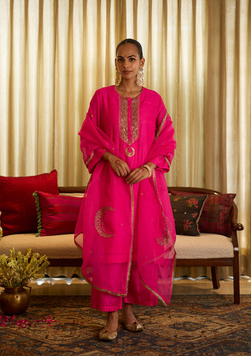 Fuchsia Yoke Embroidered  Kurta Set