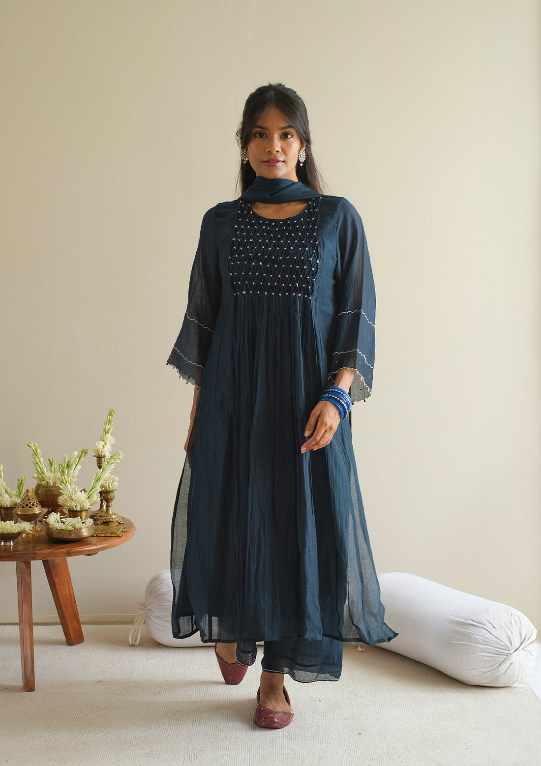 Midnight Blue Smocked Kurta Set