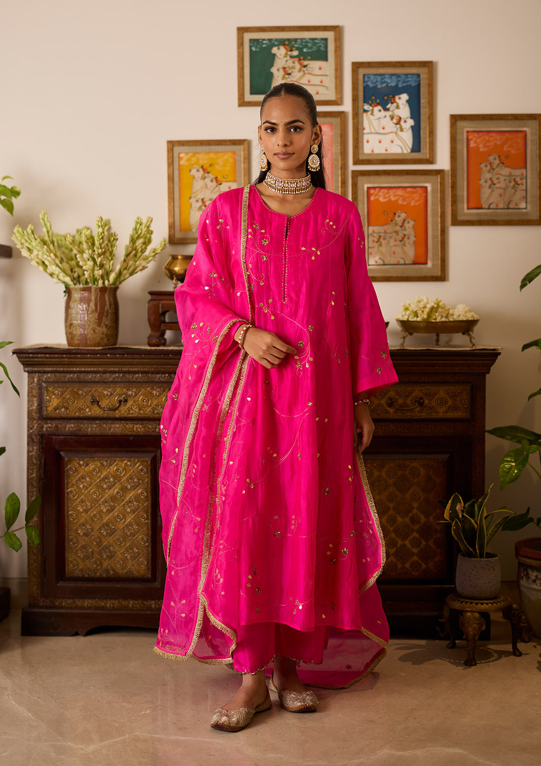Fuchsia Zari Embroidered Kurta Set