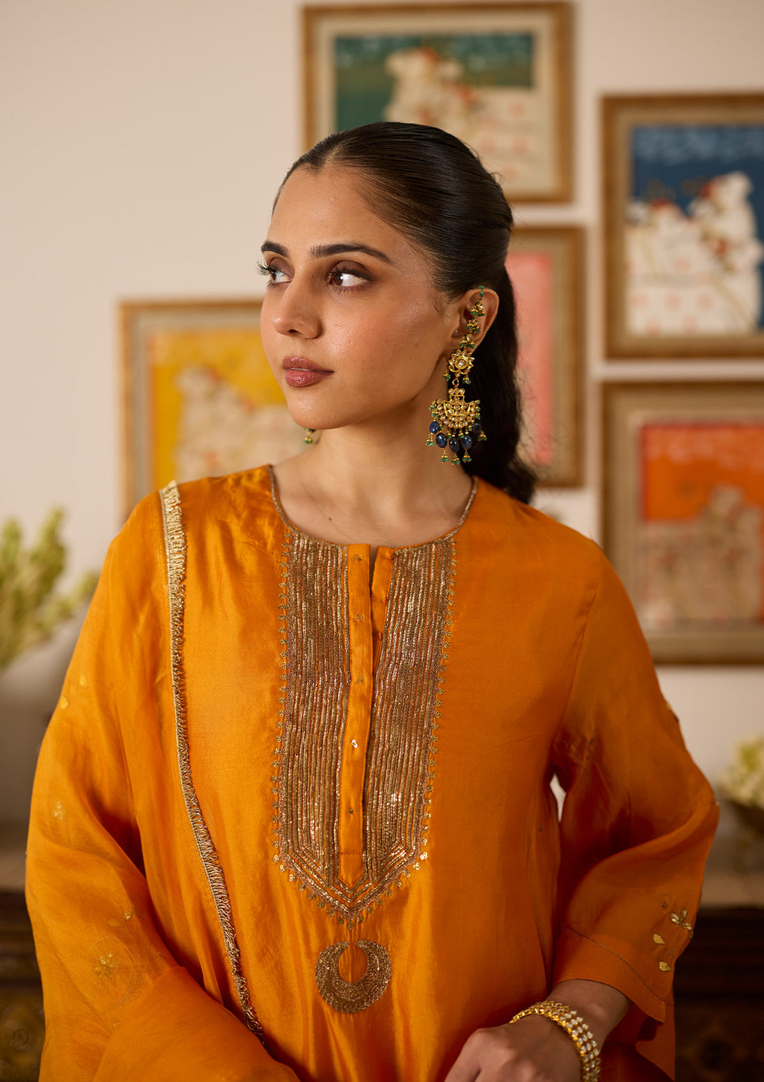 Saffron Yoke Embroidered  Kurta Set