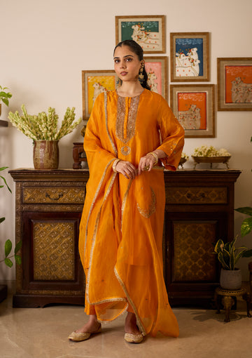 Saffron Yoke Embroidered  Kurta Set