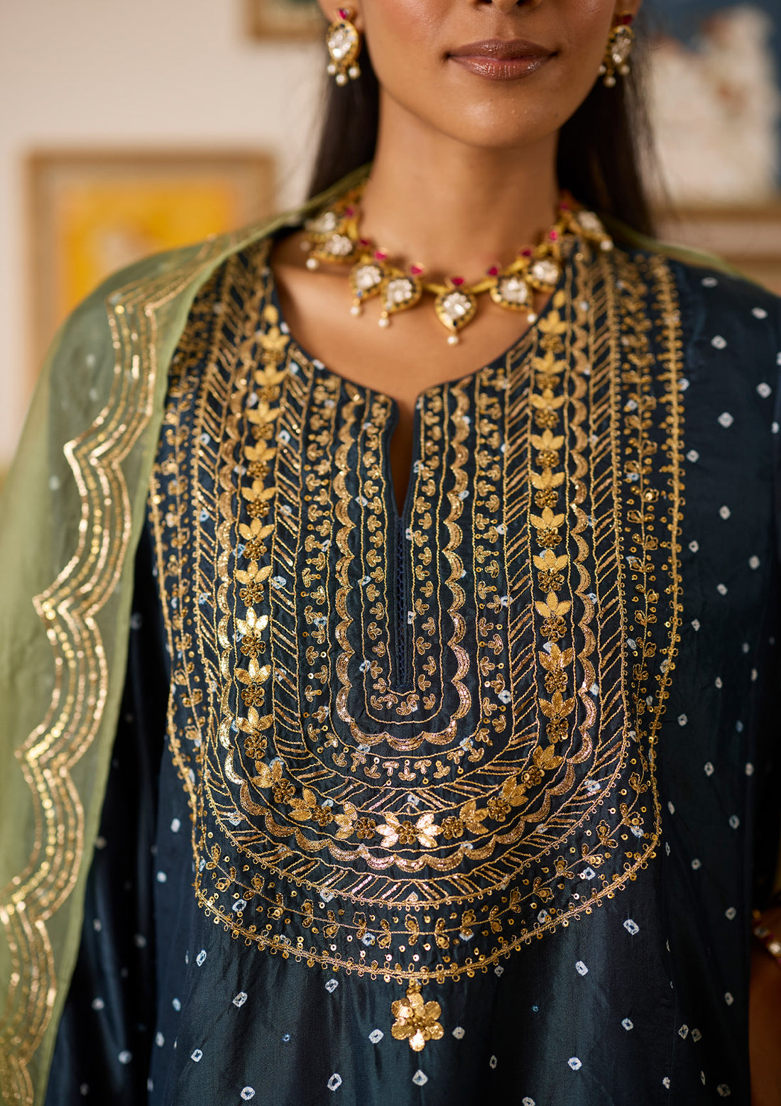 Midnight Blue Embroidered Yoke Kurta Set