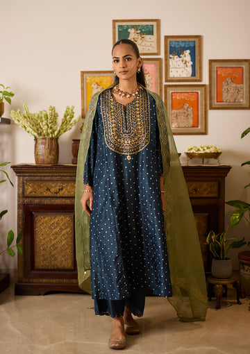 Midnight Blue Embroidered Yoke Kurta Set