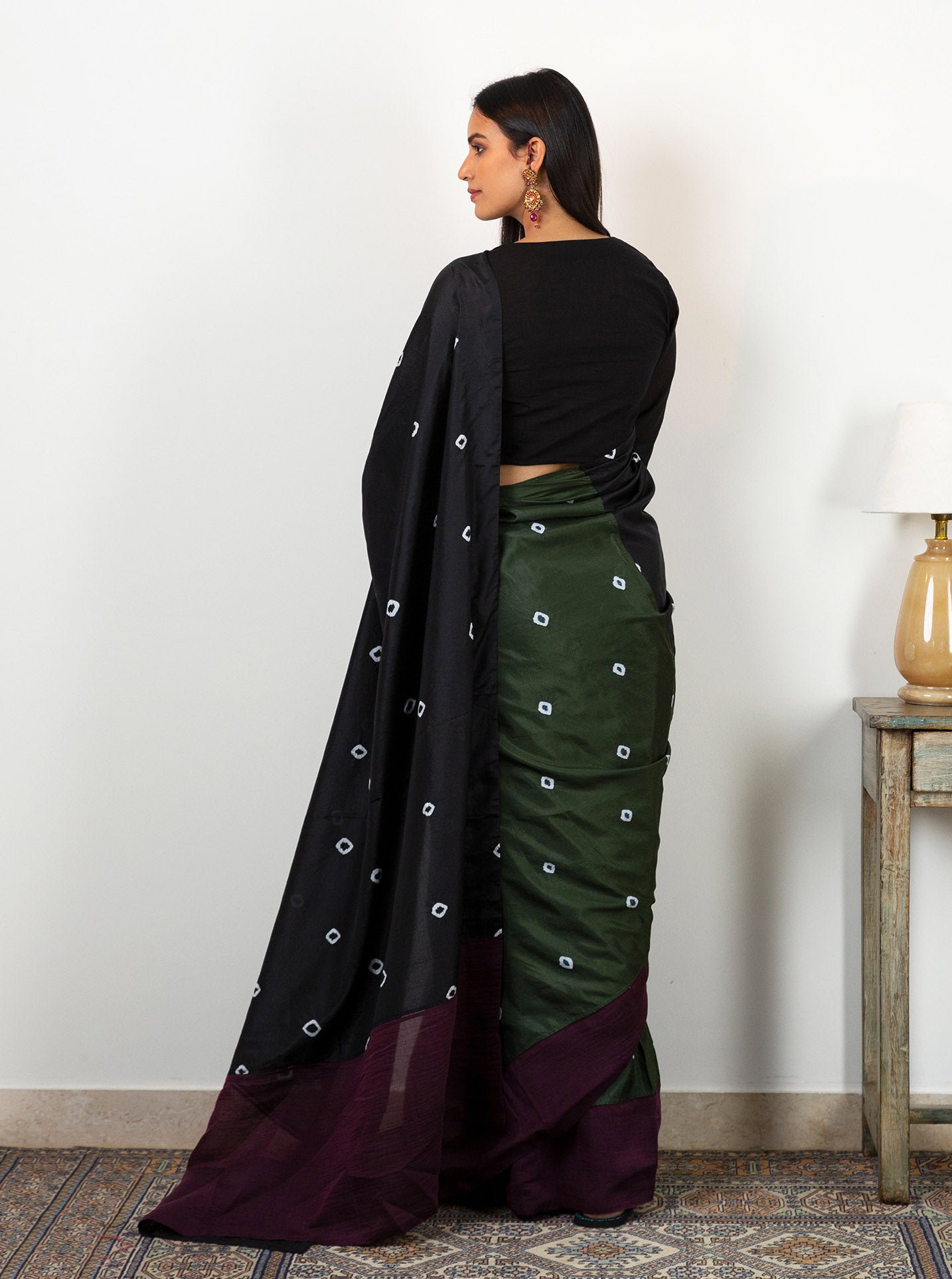 Tie Dye Emerald and Black Panelled Saree