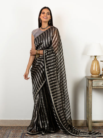 Zari Striped Midnight Black Saree