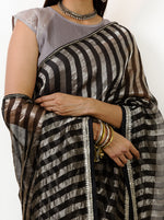 Load image into Gallery viewer, Zari Striped Midnight Black Saree
