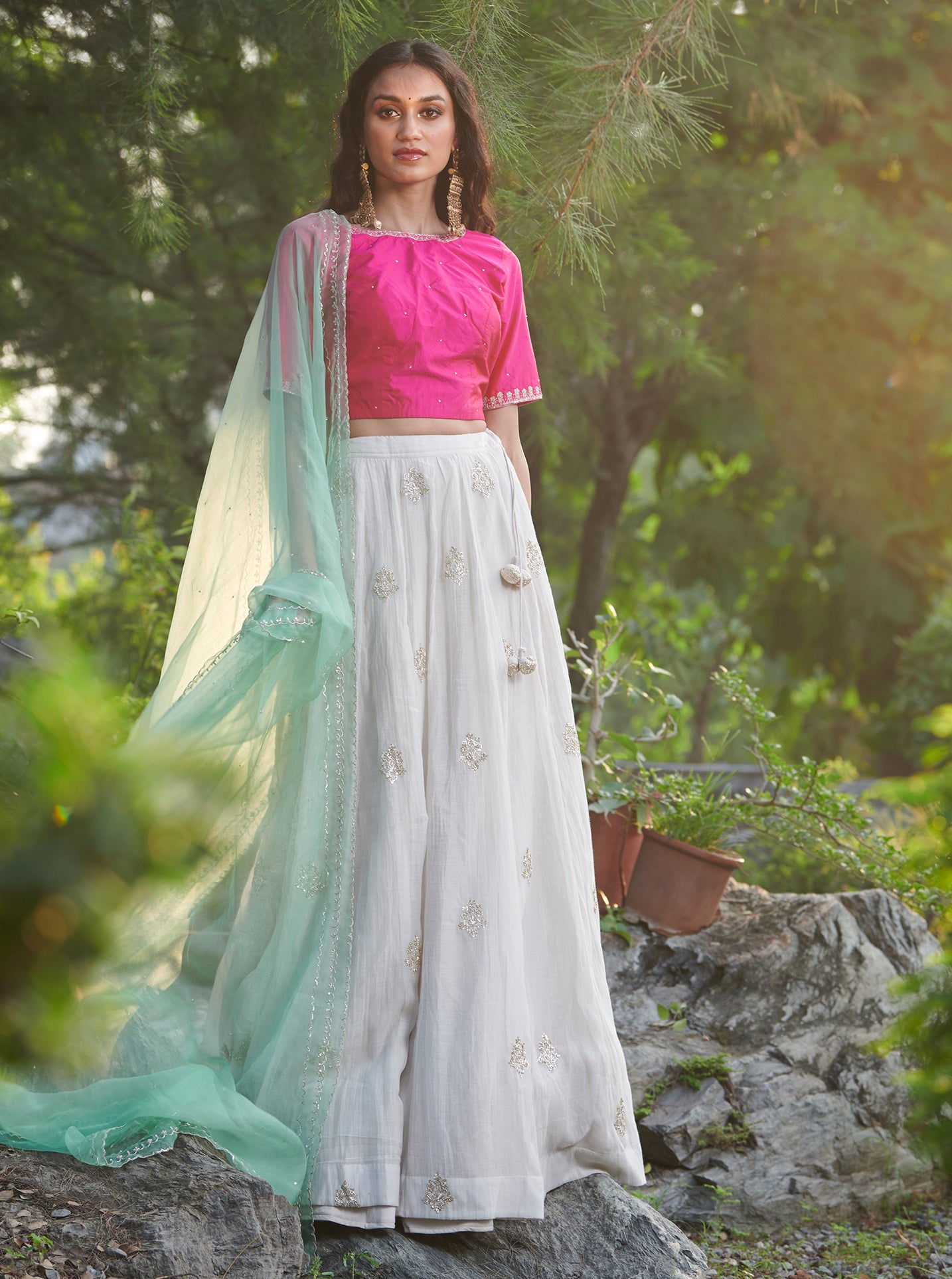 Ivory and Fuchsia Embroidered Lehenga Set
